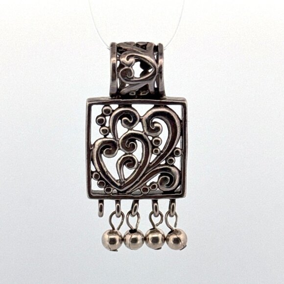 Vintage Estate Sterling Silver 925 Heart Scroll Dangle Pendant Thailand 7.9g - Picture 1 of 9